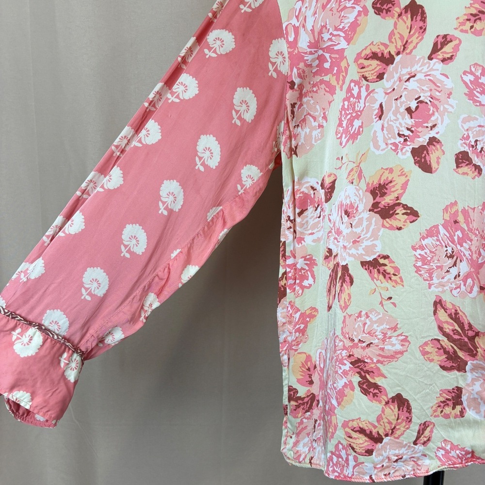 Zara Womens Top M Pink Floral Mixed Print Embroidered Boho Cottagecore Blouse - Picture 6 of 14